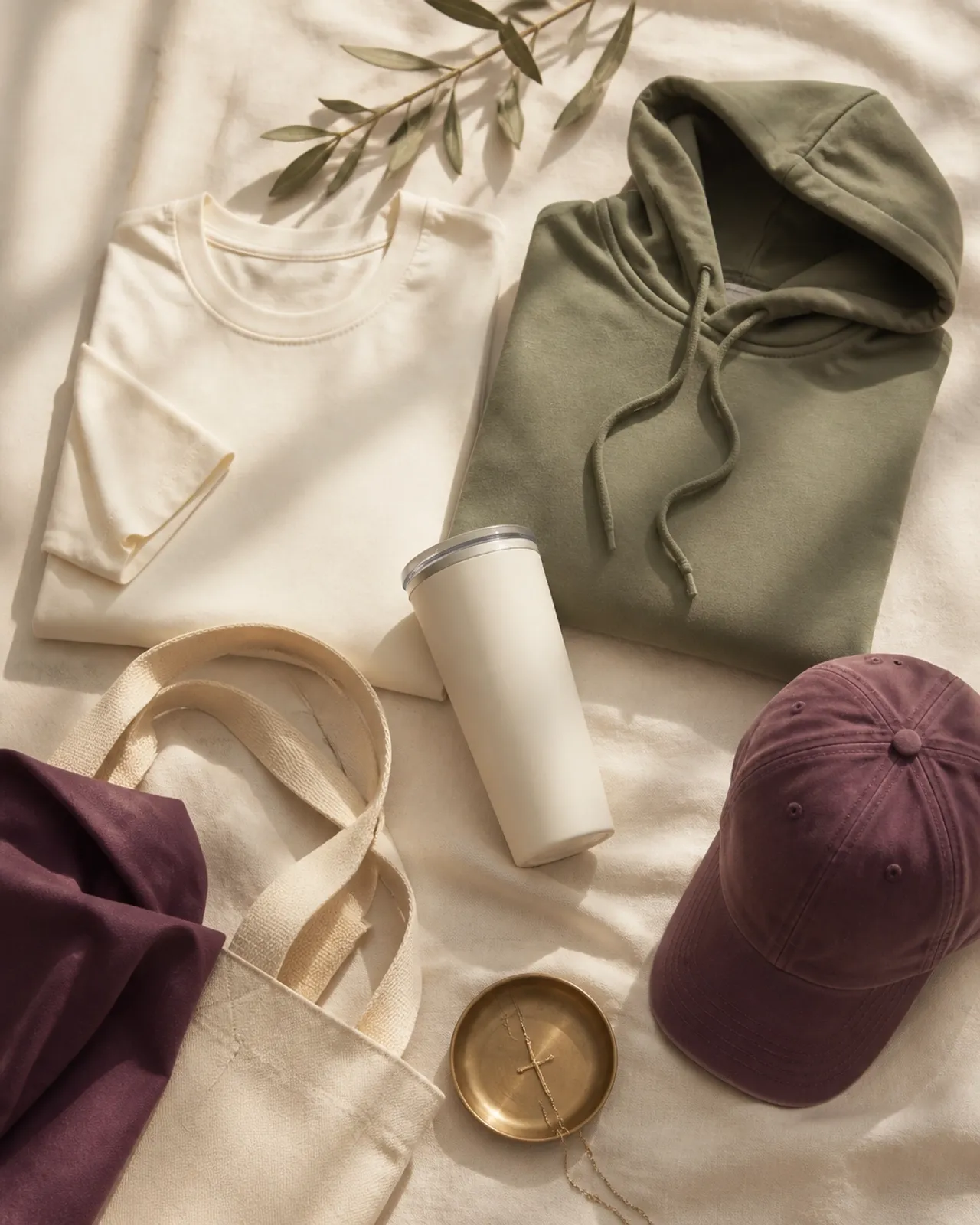 Flat-lay of Because of FAITH tee, hoodie, tumbler, tote and cap