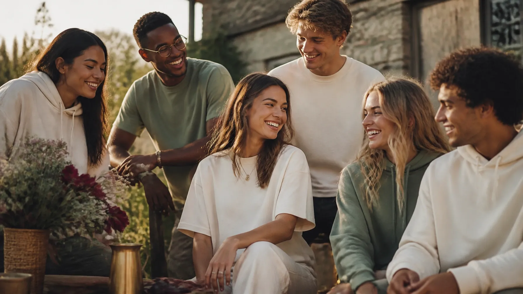 Friends in soft golden light wearing Because of FAITH apparel