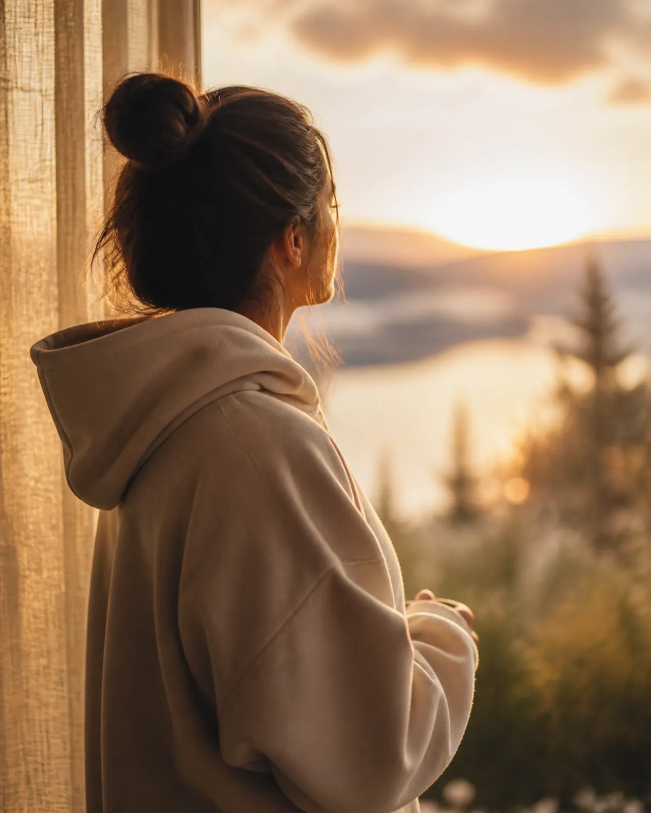 A person in warm sunrise light wearing a Because of FAITH hoodie